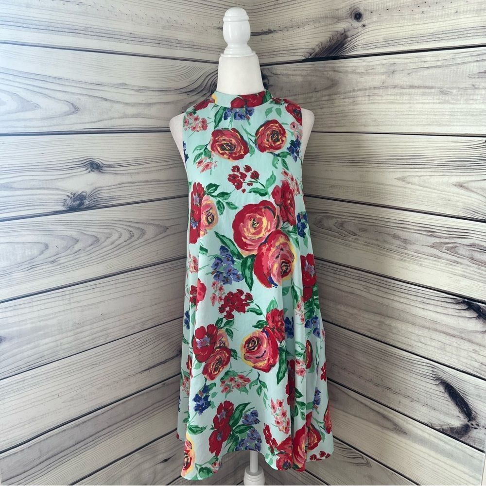 Everly Blue Floral High Neck Sleeveless Shift Dress